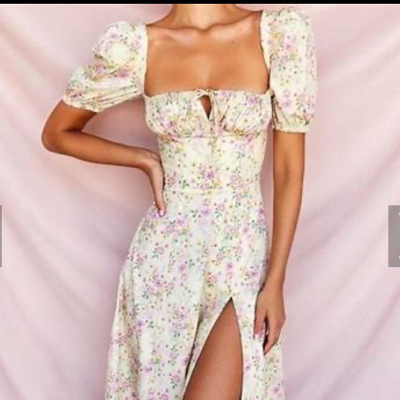 House of CB Dresses & Skirts - House of CB Cream Floral Puff-Sleeve Midi Dress with Pink & Green Accents